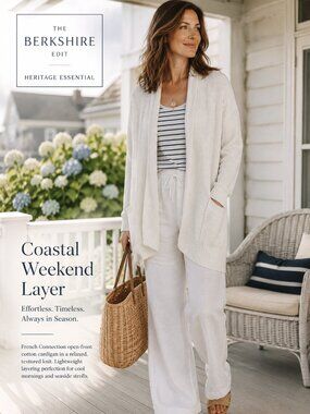 French Connection White Open Front Cotton Cardigan Sweater L Coastal Preppy